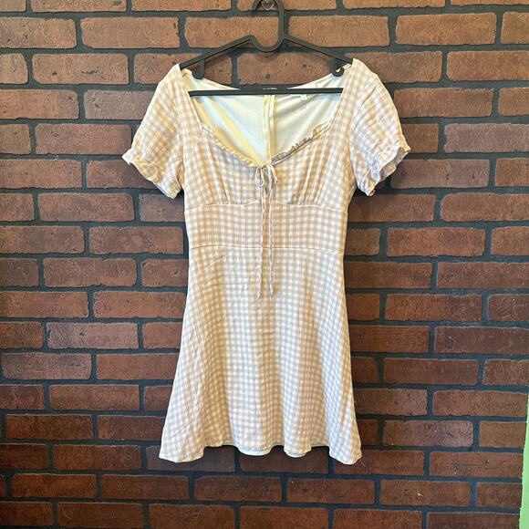 Bohme Beige Gingham Mini Dress - Ruffle Detail - Picture 1 of 11